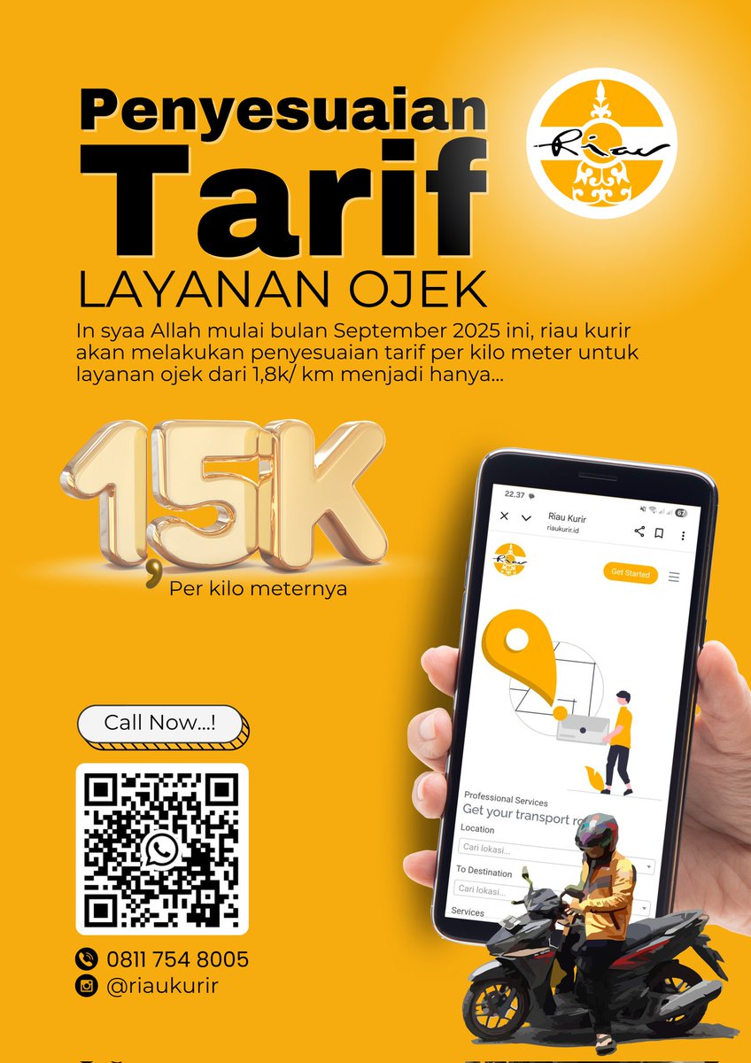 Penyesuaian tarif untuk layanan ojek.

In syaa Allah mulai bulan september ini riaukurir.id akan melakukan penyesuaian tarif per kilo meternya untuk layanan ojek yang sebelumnya sebesar Rp. 1.800/ km turun menjadi hanya Rp. 1.500/km