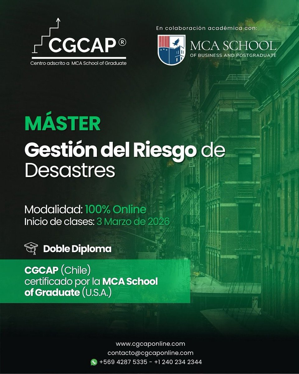 Te invitamos al Máster "Gestión del Riesgo de Desastres" con doble titulación con la MCA School of Business and Postgraduate de USA, que inicia el 03 de marzo de 2026. Postgrado con Apostilla de la Haya, 09 meses, online y vespertino. Inscripciones abiertas, te esperamos.