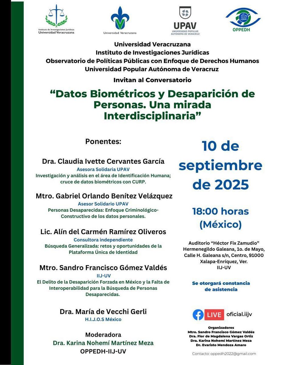 Atenta invitación al conversatorio "Datos Biométricos y Desaparición de Personas. Una mirada Interdisciplinaria".

10 de septiembre de 2025, 18:00 horas (México).

Entrada libre. Cupo limitado.

Informes: oppedh2022@gmail.com
