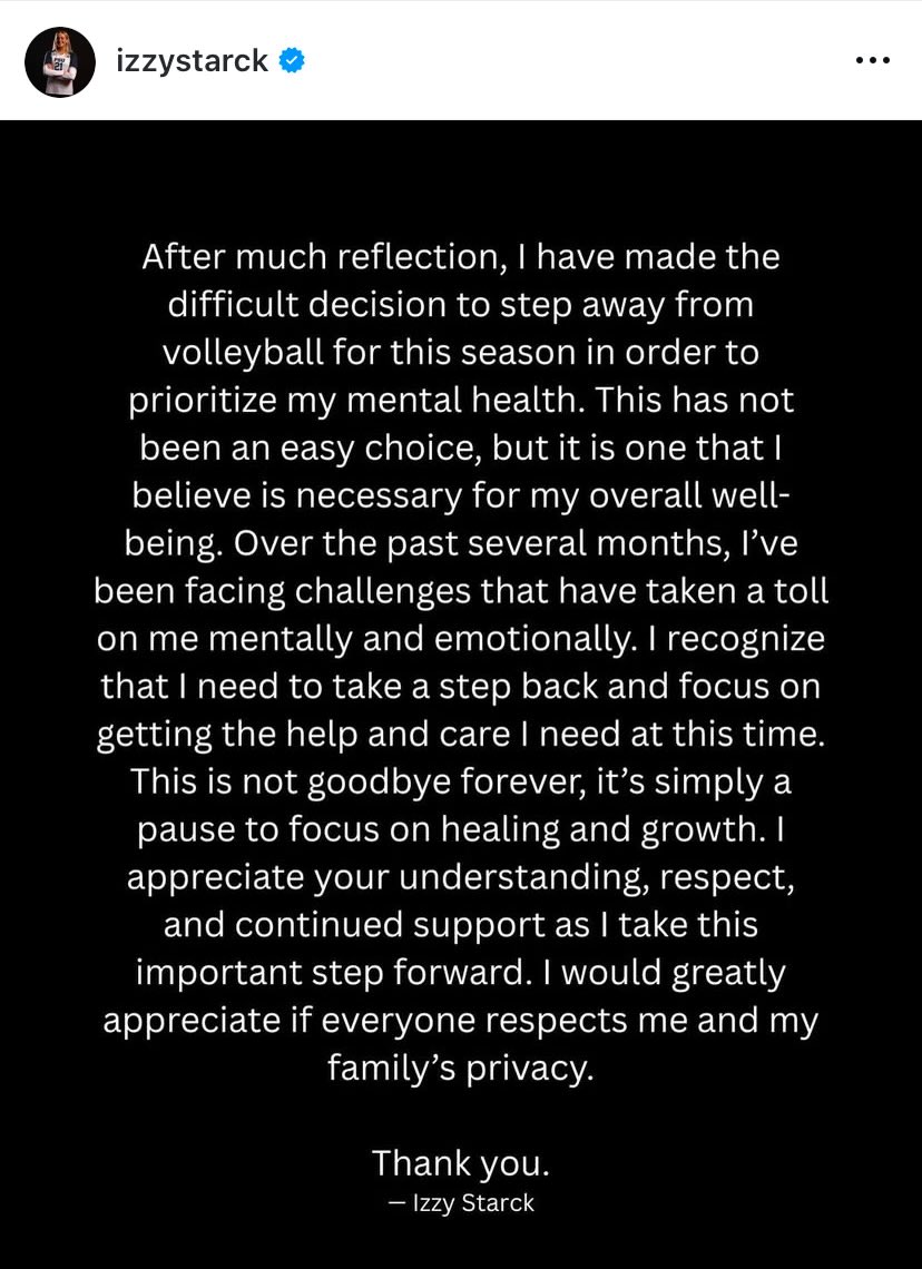 Penn State CommRadio (@psucommradio) on Twitter photo <a href="/PennStateVBALL/">Penn State Women’s Volleyball</a>’s Izzy Starck announces that she is stepping away from the team for the season for her mental health, per her Instagram <a href="/PennStateVBALL/">Penn State Women’s Volleyball</a>’s Izzy Starck announces that she is stepping away from the team for the season for her mental health, per her Instagram