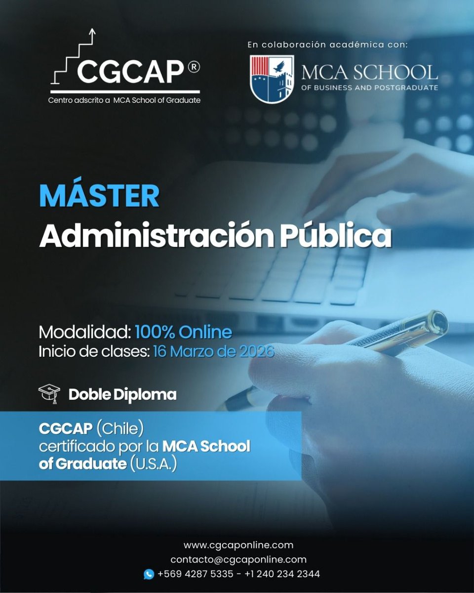 Te invitamos al Máster "Administración Pública" con doble titulación con la MCA School of Business and Postgraduate de USA, que inicia el 16 de marzo de 2026. Postgrado con Apostilla de la Haya, 12 meses, online y vespertino. Inscripciones abiertas, te esperamos.