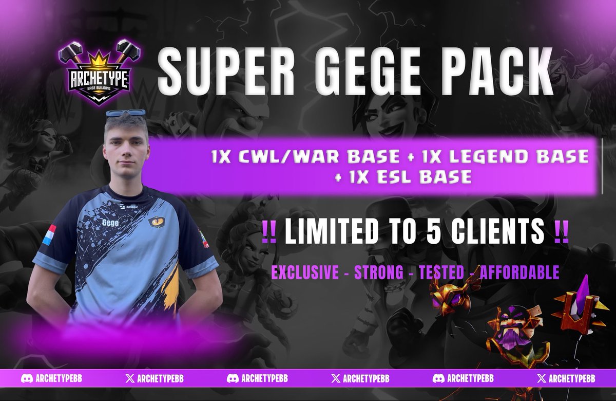 Welcoming <a href="/gege_coc/">Gege</a> —our new builder!

Bases trusted by Headstart E-Sports 🏆 &amp; Zo wat stoer ⚔️.

SUPER GEGE PACK:- 
• CWL/War 🛡️ 
• Legend 🏅
• ESL 🌏

—$25, only 5 slots!

#172 Legends Global🥇 | Snapdragon Finals 🏆

DM <a href="/archetype_bb/">Archetype Base Building</a> to book!
Welcoming <a href="/gege_coc/">Gege</a> again❤️💎