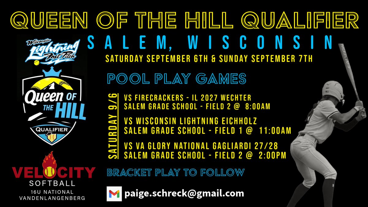 Paige Schreck (@paige_schreck) on Twitter photo This fall and winter I will be playing with the Velocity 15u National team to maintain my eligibility for highschool due to WIAA regulations. We will be in Salem, Wisconsin this weekend at the Queen of the Hill Qualifier, come and support!! <a href="/Velo_Softball/">Velocity Softball</a> <a href="/Velocity_GB/">Velocity Performance Training</a> This fall and winter I will be playing with the Velocity 15u National team to maintain my eligibility for highschool due to WIAA regulations. We will be in Salem, Wisconsin this weekend at the Queen of the Hill Qualifier, come and support!! <a href="/Velo_Softball/">Velocity Softball</a> <a href="/Velocity_GB/">Velocity Performance Training</a>