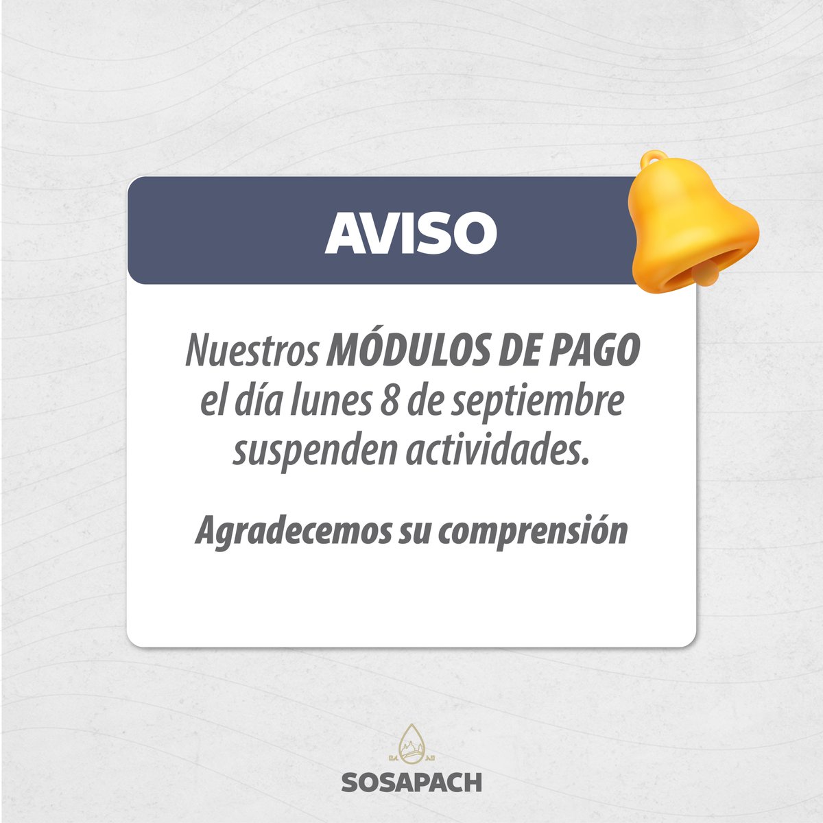 📢 Aviso importante
El día lunes 8 de septiembre, y en seguimiento a nuestras tradiciones, se suspenderán las actividades en los módulos de pago.

💧 Te invitamos a realizar tus trámites con anticipación para evitar contratiempos.

#CholulaFluye #TransformaciónHídrica