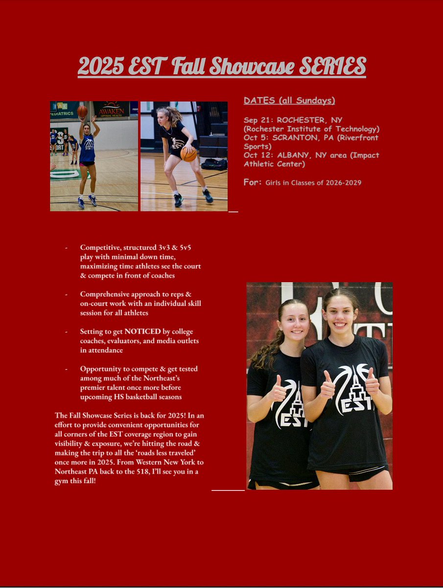 2025 #ESTFallShowcase Series…
registration active 🔋

Full Details, Current Player Lists for each location, and REGISTER here (2026-2029 classes): empirestatetakeover.com/2025/08/19/the…

- 9/21 at RIT (Rochester, NY): two-thirds full ⏳
- Even a month plus out, both 10/5 at <a href="/Riverfront_NEPA/">Riverfront Sports</a>