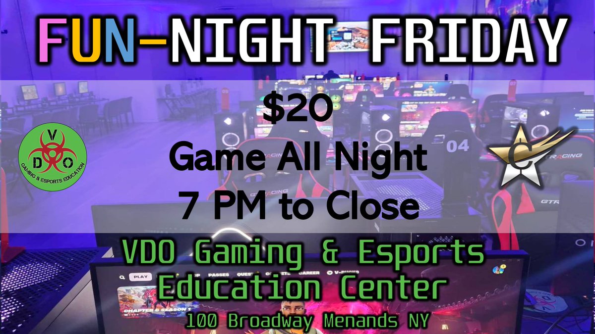 FUN-NIGHT FRIDAY 
$20 Game All Night
<a href="/VDOgamingcenter/">VDOGaming</a>