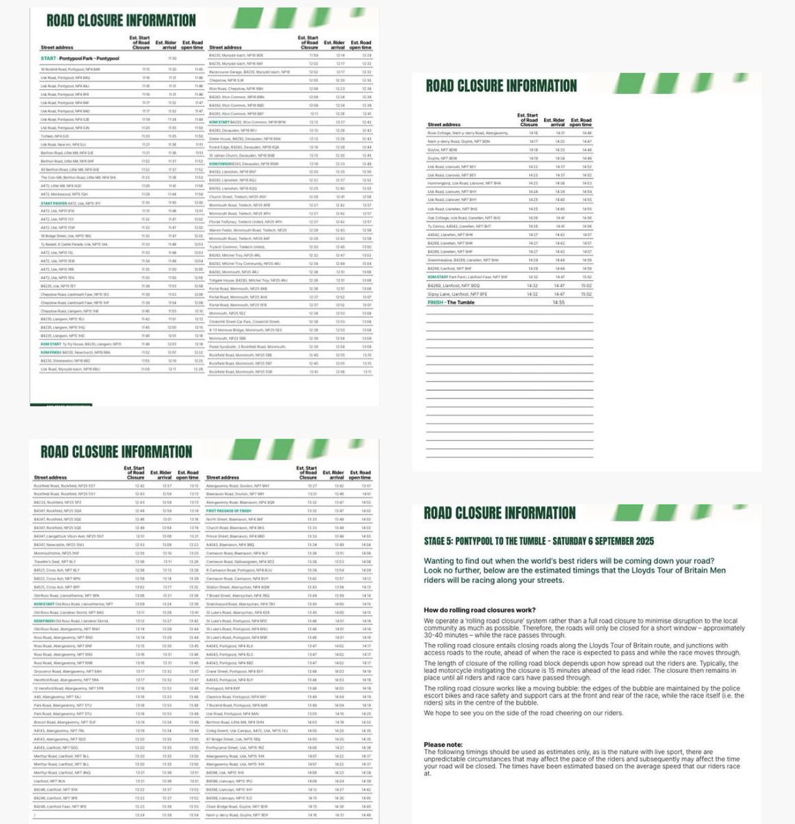 PaulMatthews67's tweet image. Several people have asked me what time the @TourofBritain riders will be passing close to them tomorrow. This list of estimated times for road closures is the best indication I can give.