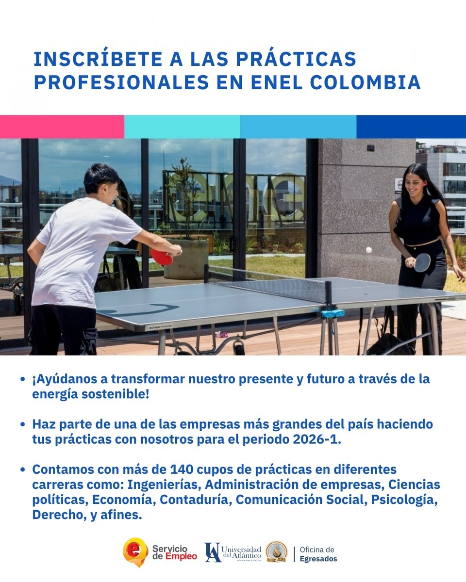 EgresadosUdeA's tweet photo. 🚀✨ ¡Tu futuro profesional comienza aquí!

En Enel Colombia abrimos más de 140 cupos de prácticas para el periodo 2026-1.
Si estudias Ingeniería, Administración de Empresas, Ciencias Políticas, Economía, Contaduría, Comunicación Social, Psicología, Derecho o áreas afines, esta es tu oportunidad. 🙌

💡 Súmate a una de las empresas más grandes del país y ayúdanos a construir un presente y futuro con energía sostenible.

📌 Programa de Prácticas de Enel 2026
Recordamos que contamos con más de 140 cupos para estudiantes de todas las carreras y agradecemos su apoyo en compartir esta información con los estudiantes de último semestre que realizarán sus prácticas en 2026.
¡Gracias por ayudarnos a conectar a más jóvenes con esta gran oportunidad!