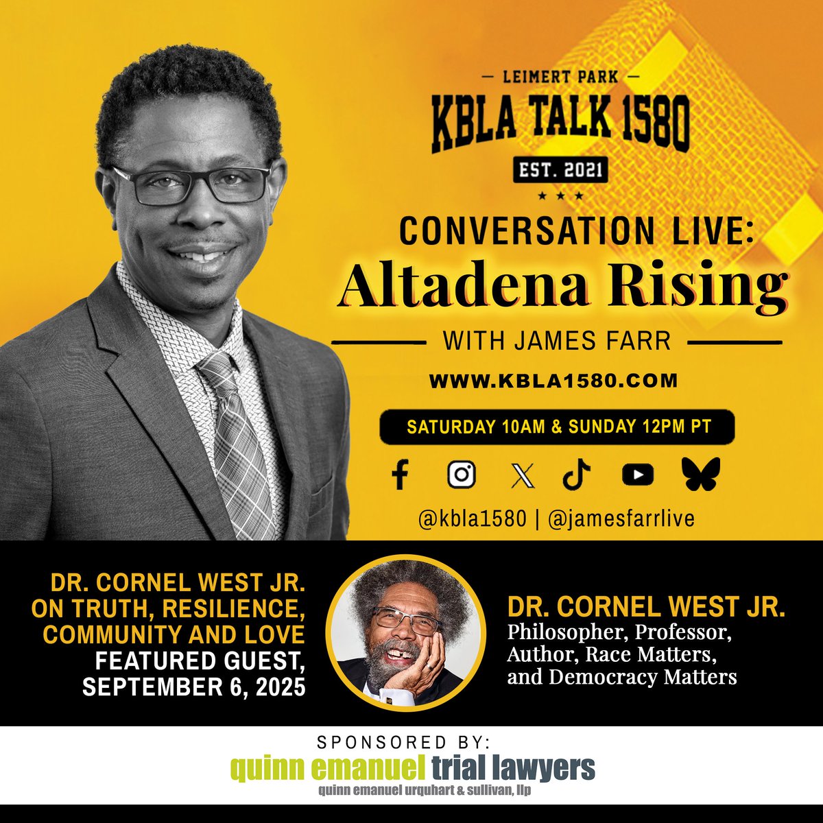 Tune in to "Conversation Live: Altadena Rising" w/ James Farr. Dr. Cornel West Jr. Sacred Black ground. Memory as a weapon against erasure. Fire. Displacement. Dignity. Resilience.
TUNE IN
Sat 10am PT | Sun Noon PT
<a href="/kbla1580/">KBLA 1580 - on 🧵 @KBLA1580</a>
#kbla1580 #jamesfarr
#conversationlive #altadenarising