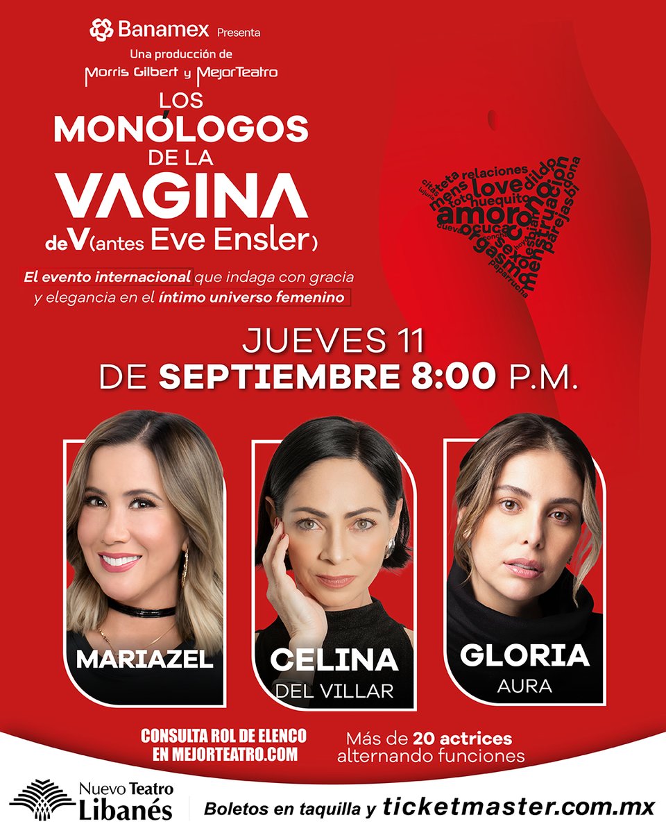 ¡Atención! El próximo jueves #Mariazel, <a href="/celinadelvillar/">celina del villar</a> y <a href="/GloriaAura/">Gloria Aura 🕊️</a> te llevarán de viaje por el íntimo universo femenino en #LosMonólogosDeLaVagina 🔥.

📍 Nuevo Teatro Libanés
📆 Jueves 11 de septiembre
⏰ Función a las 8:00 p.m.
🎟️ bit.ly/LosMonologosDe…