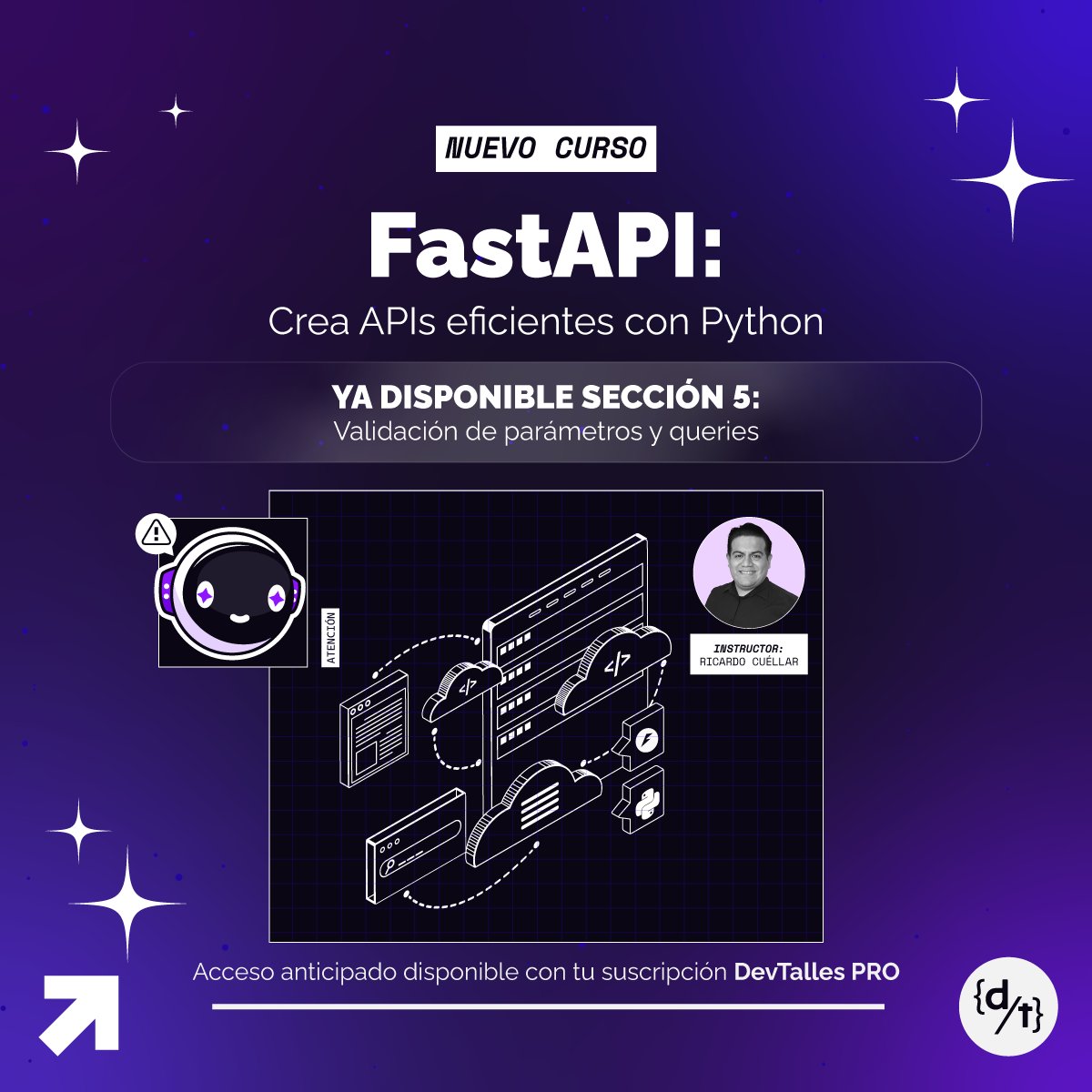 DevTalles's tweet image. 🐍 ¡Actualizado el curso en construcción: #FastAPI - Crea APIs eficientes con #Python!
✅ Sección 5: Validación de parámetros y #Queries
🚀 Obtén acceso anticipado a este curso con una Suscripción PRO activa, desde tu portal de estudiante o desde aquí: cursos.devtalles.com/courses/fastap…