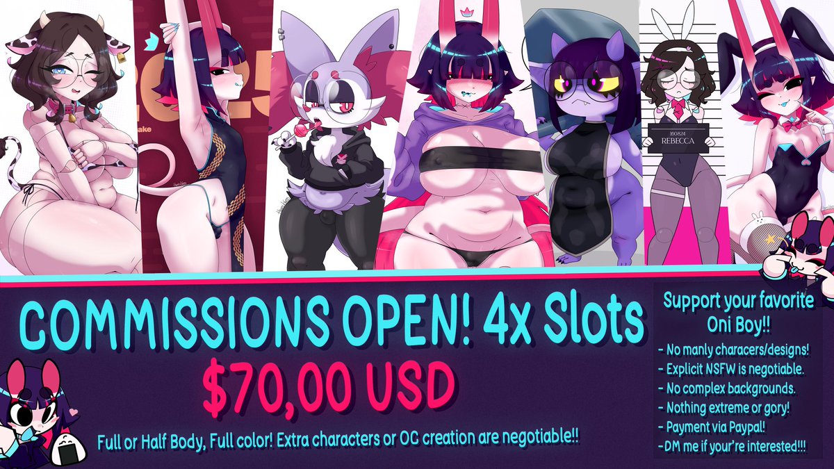 HEY HEY!! Your favorite Oni Boy is opening 4 commission slots once again!! 😈🍙💕

If you like my art and want to help me not starve, consider taking one of the slots 😋👉👈

If you're interested, DM me!!
Likes and retweets help a lot too 🙏❤️🔁

#Commission #commissionsopen