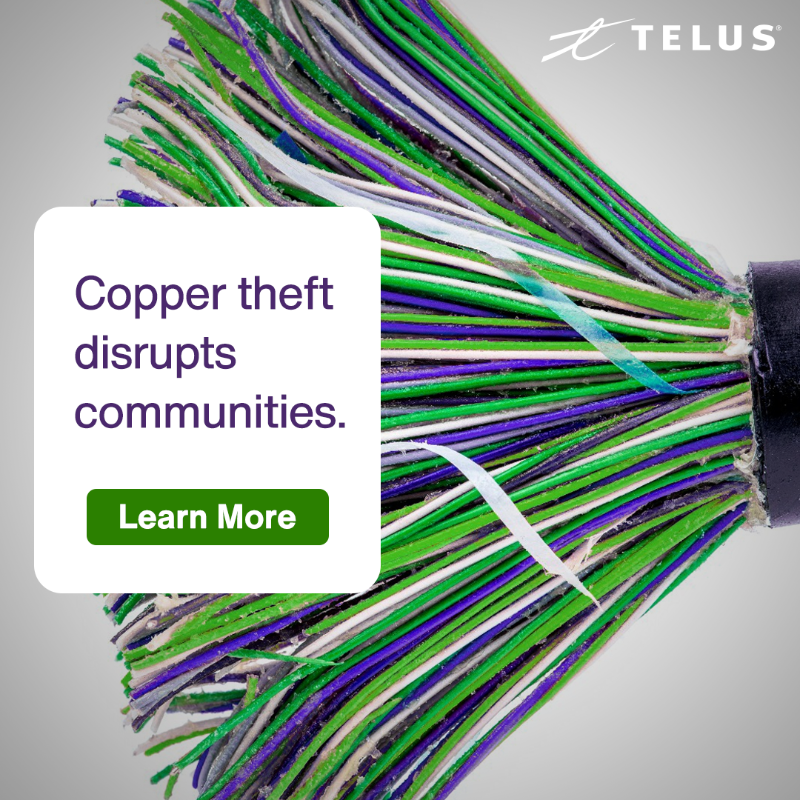 TELUS's tweet photo. 50% of all major TELUS outages due to cable damage (nationally) since 2015, are the direct result of theft and destruction of critical network infrastructure. Stealing copper wire puts everyone at risk, with potentially fatal consequences.