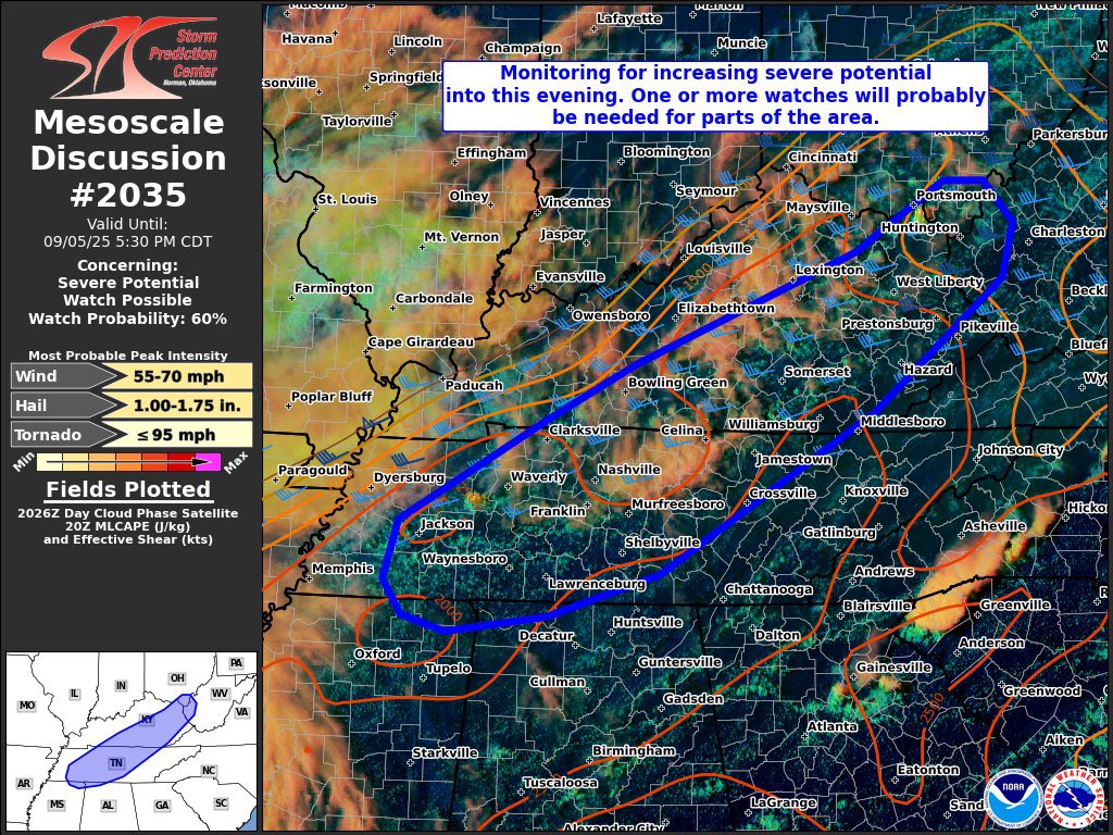 Kentuckyweather's tweet photo. We should be getting a severe weather watch soon for areas of central and eastern Kentucky. Here’s the area being monitored by the Storm Prediction Center. #kywx https://t.co/2VTs7oA4EB