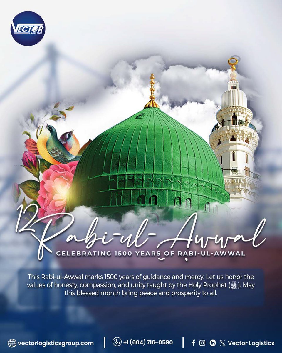 vectorlogigroup's tweet photo. ✨ Celebrating 1500 years of light, mercy, and guidance. On this blessed 12th Rabi-ul-Awwal, we honor the teachings of Prophet Muhammad ﷺ —values of honesty, compassion, and unity that continue to inspire us all.
#RabiUlAwwal #1500YearsOfGuidance #VectorLogisticsGroup #TradyHive https://t.co/5PaRb3OBAq
