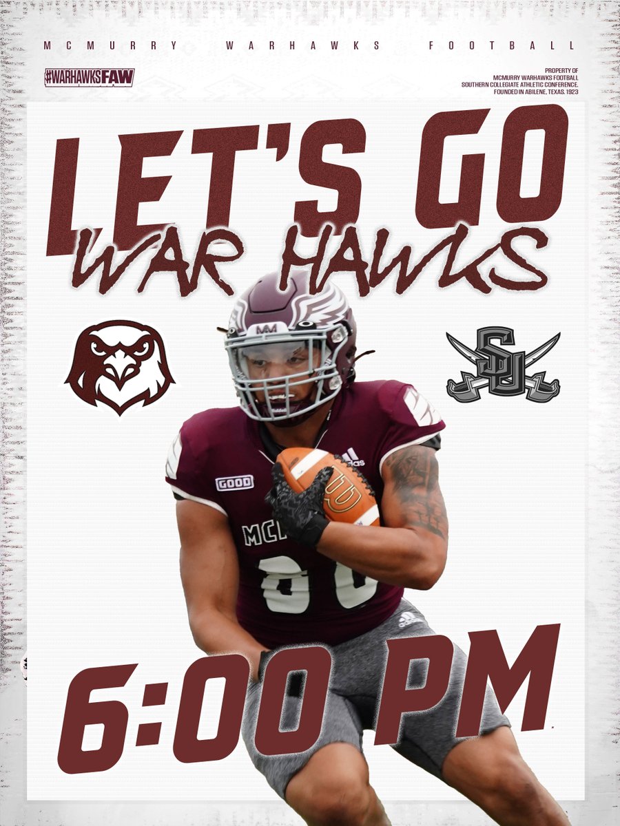 McMURRYFOOTBALL's tweet photo. LET'S GO WAR HAWKS!

IT'S FIXING TO BE TIME TO FLY!

2Morrow Nite - 6:00 PM
Wilford Moore Stadium
vs. Southwestern

#WarHawksFAW
#UnfinishedBusiness
#DOMINATE https://t.co/wp8PRcmyrz