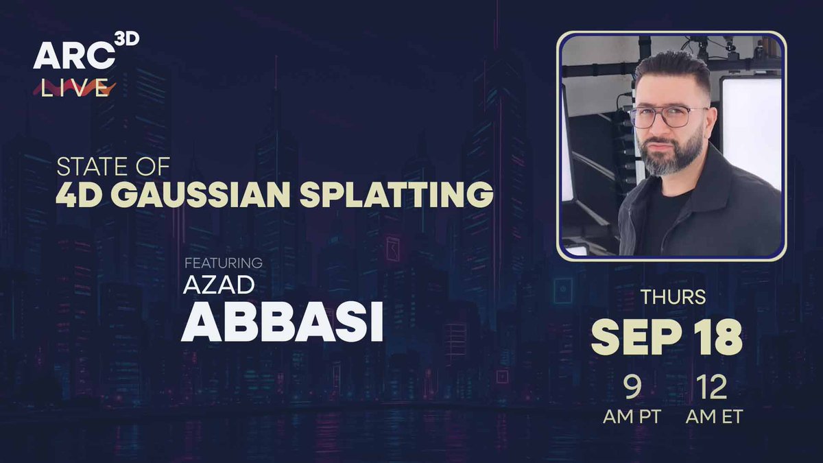 Join <a href="/RadianceFields/">Radiance Fields</a>, <a href="/arvinkx/">Arvin Tehrani</a>, and <a href="/azadgenius/">Azad Abbasi</a> of <a href="/G3NIUSXR/">GeniusXR</a> on September 18th for an in-depth discussion on the state of 4D (dynamic) gaussian splatting. Learn more and register here: arc3d.co/events/webinar…