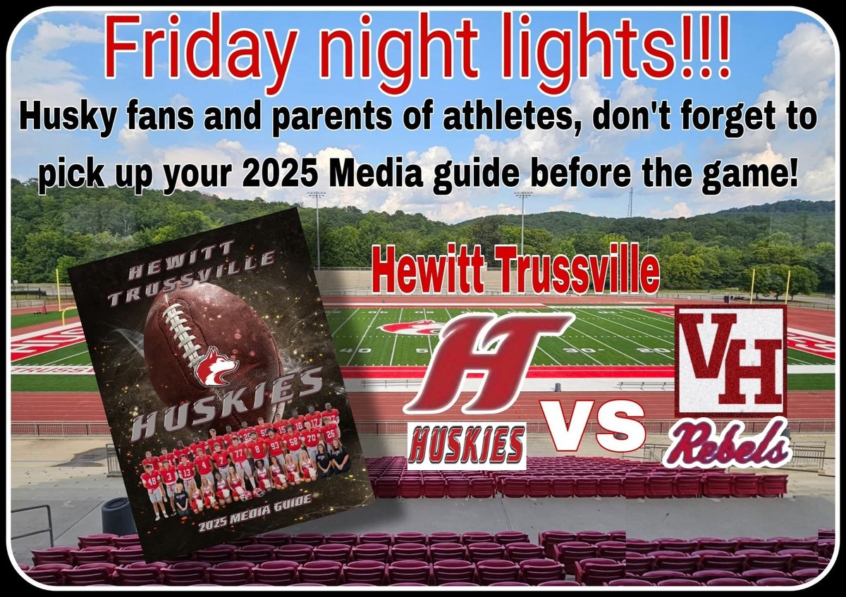 IT'S GAME DAY HUSKY FANS!!!!! Come cheer on the Huskies tonight against Vestavia HILLS!!! And don't forget to pick up your Media guide!!!
 GO HUSKIES!! 🏈🏈🏈🏈🏈🏈🏈🏈
🎉🎉🎉🎉🎉🎉🎉🎉🎉🎉🎉🎉🎉🎉