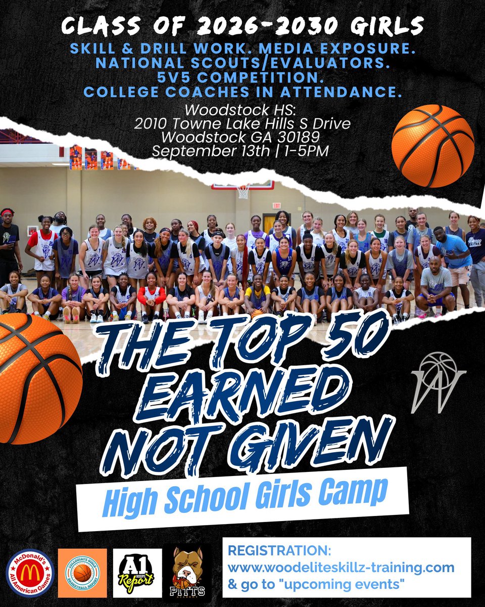 Top 50 Earned Not Given Girls Camp
Class of 2026-2030

🗓️: Sep.13th
📍: Woodstock HS

✅: National Evaluators
✅: McDonald’s AA Committee, Dan Olson, A1 Hoops Report 
✅: Media Exposure
✅: College Coaches

Use Elite20 for 20% OFF 

register: woodeliteskillz-training.com