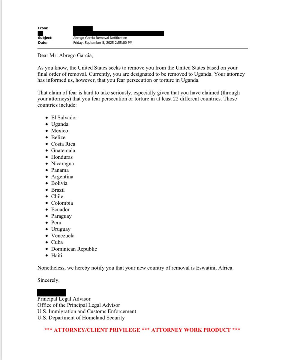 BillMelugin_'s tweet image. BREAKING: @FoxNews has obtained an email ICE sent to Kilmar Abrego Garcia’s lawyers this afternoon notifying them that ICE now plans to deport him to the tiny African country of ESWATINI due to him claiming fear of persecution/torture in Uganda &amp;amp; 20+ other countries, which ICE…