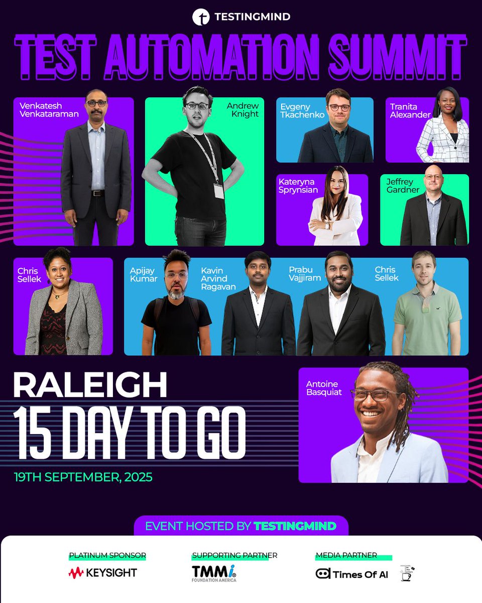 testingmindcon's tweet image. ⚡ Just 15 days until Raleigh becomes the hub of AI, QA &amp;amp; Test Automation innovation!
Join us on Sept 19 for 10+ talks, inspiring keynotes &amp;amp; a future-focused panel.

🎟️ Register now: linkedin.com/smart-links/AQ…

#Testingmind #TestAutomationSummit #RaleighTech