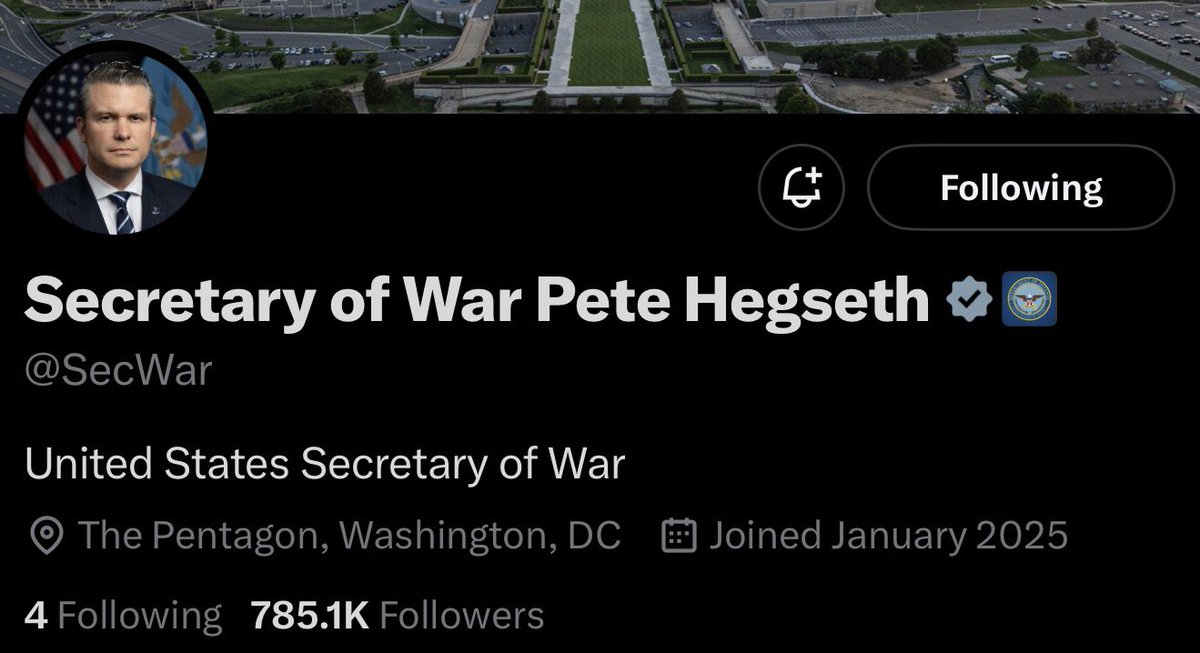 U.S. Secretary of Defense Pete Hegseth has already changed his account to Secretary of War.