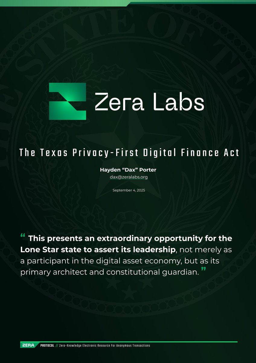 Big news from tonight’s Space! 🎙️

#M0N3Y / <a href="/ZeraLabs/">ZERA</a> has submitted a constituent-led policy proposal in Texas - "The Texas Privacy-First Digital Finance Act", while also joining the Texas Blockchain Council.

<a href="/dev_skill_issue/">Dax</a> will be on Capitol Hill the whole week of Sept 15th