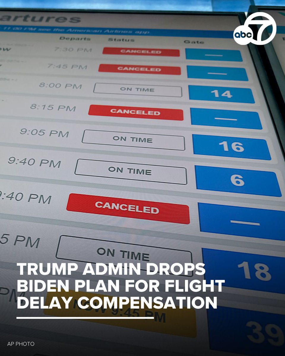 abc7newsbayarea's tweet photo. The Trump administration said Thursday it is abandoning a Biden-era plan that sought to require airlines to compensate stranded passengers with cash, lodging and meals for flight cancellations or changes caused by a carrier. https://t.co/FnlISxEc9o https://t.co/78CSHgVjSF