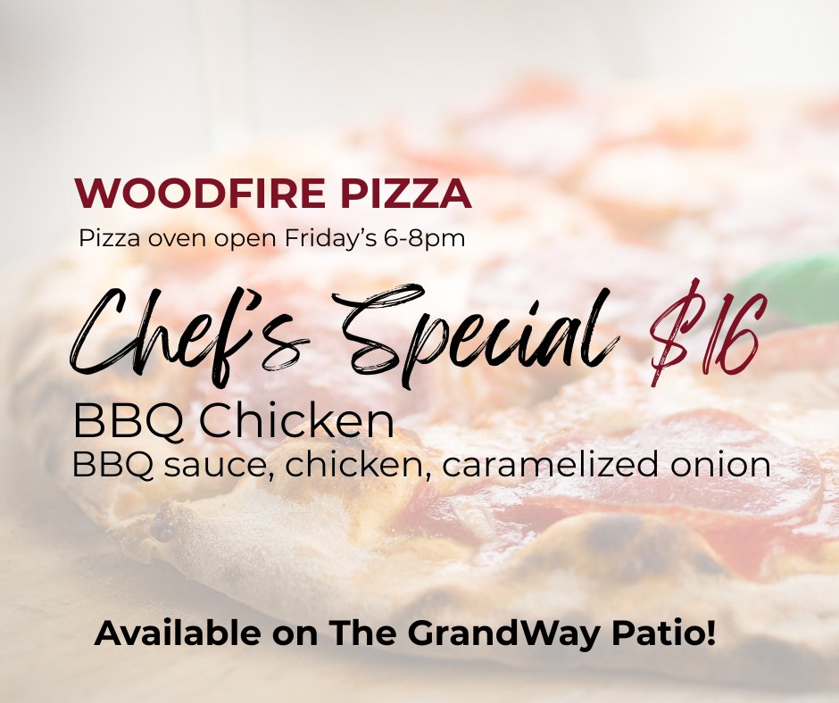 GrandRR's tweet image. The woodfire pizza oven will available tonight IF the weather and wind cooperate 🙃! Get your 'za on the The GrandWay Events Centre patio. Cheese, Pepperoni, or Chef's Special!

CHEF'S SPECIAL = BBQ Chicken - BBQ sauce, chicken, caramelized onion

In crust, we trust.

#pizza