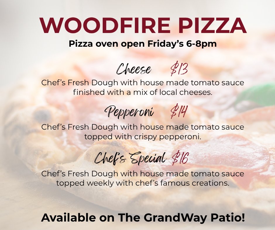 GrandRR's tweet image. The woodfire pizza oven will available tonight IF the weather and wind cooperate 🙃! Get your 'za on the The GrandWay Events Centre patio. Cheese, Pepperoni, or Chef's Special!

CHEF'S SPECIAL = BBQ Chicken - BBQ sauce, chicken, caramelized onion

In crust, we trust.

#pizza