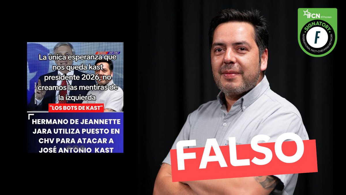 🔎 #FactChecking |  Sergio Jara, hermano de Jeannette Jara, hizo el reportaje de Chilevisión sobre desinformación: ❌#Falso

Lee el chequeo aquí 👇
fastcheck.cl/2025/09/05/ser…