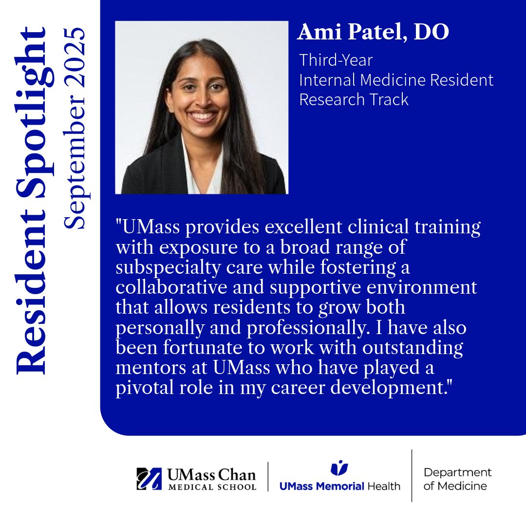 UMass_Medicine's tweet image. In this month’s Resident Spotlight, we feature Ami Patel, DO, a third-year Internal Medicine Resident on the research track. Learn more about Dr. Patel by reading the full spotlight on our website below!

umassmed.edu/medicine/educa…