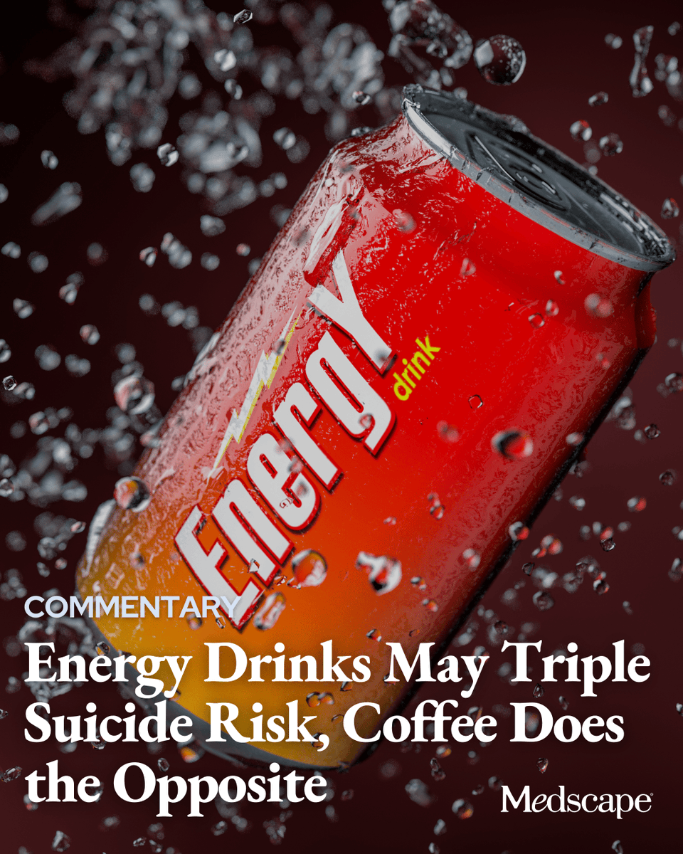 Medscape's tweet photo. A meta-analysis of 1.5+ million participants found opposing suicide risk effects between coffee and energy drinks. High coffee consumption (60+ cups monthly) significantly reduced suicide attempts, likely due to mood-enhancing properties. Conversely, even one energy drink monthly increased suicidal thoughts and attempts, with risk tripling at higher doses. The difference may stem from energy drinks' additional psychoactive ingredients (taurine, guarana, ginseng) and high sugar content, which can trigger anxiety. https://t.co/HX1YMaTs8A