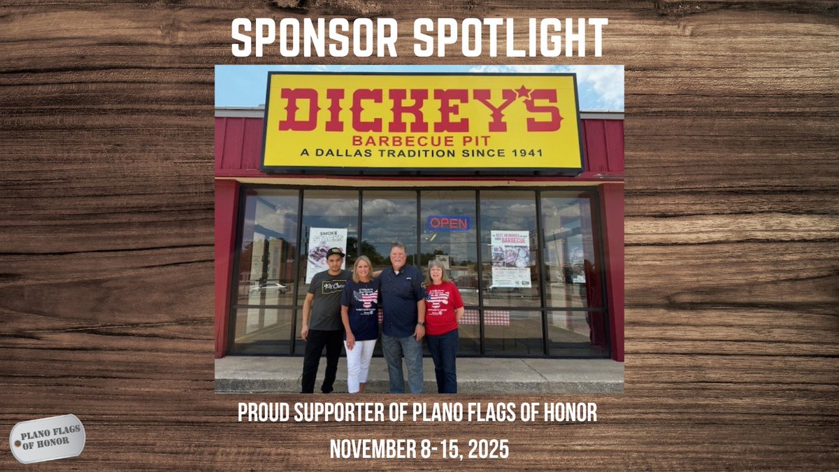 From legendary BBQ to community spirit, <a href="/Dickey/">Dickey</a>’s supports Plano Flags of Honor by serving up more than great food — they help us honor veterans &amp; first responders. ✨

📅 Join us November 8–15 at Red Tail Pavilion at Oak Point Park

#PlanoFlagsOfHonor #Dickeys #HonorAHero