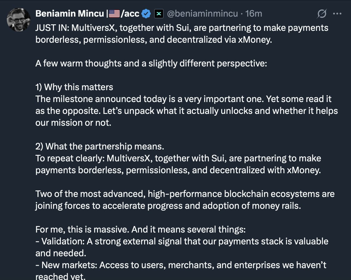 Let me break it simple:
🚩<a href="/xMoney_com/">xMoney.com</a> is partnering with SUI not <a href="/MultiversX/">Multiversᕽ</a> 
🚩The company he and his brother have shares will benefit from this partnership, not you, the stupid holder 
🚩No transaction will be settled on MVX blockchain -&gt; This will result in no fees for MVX