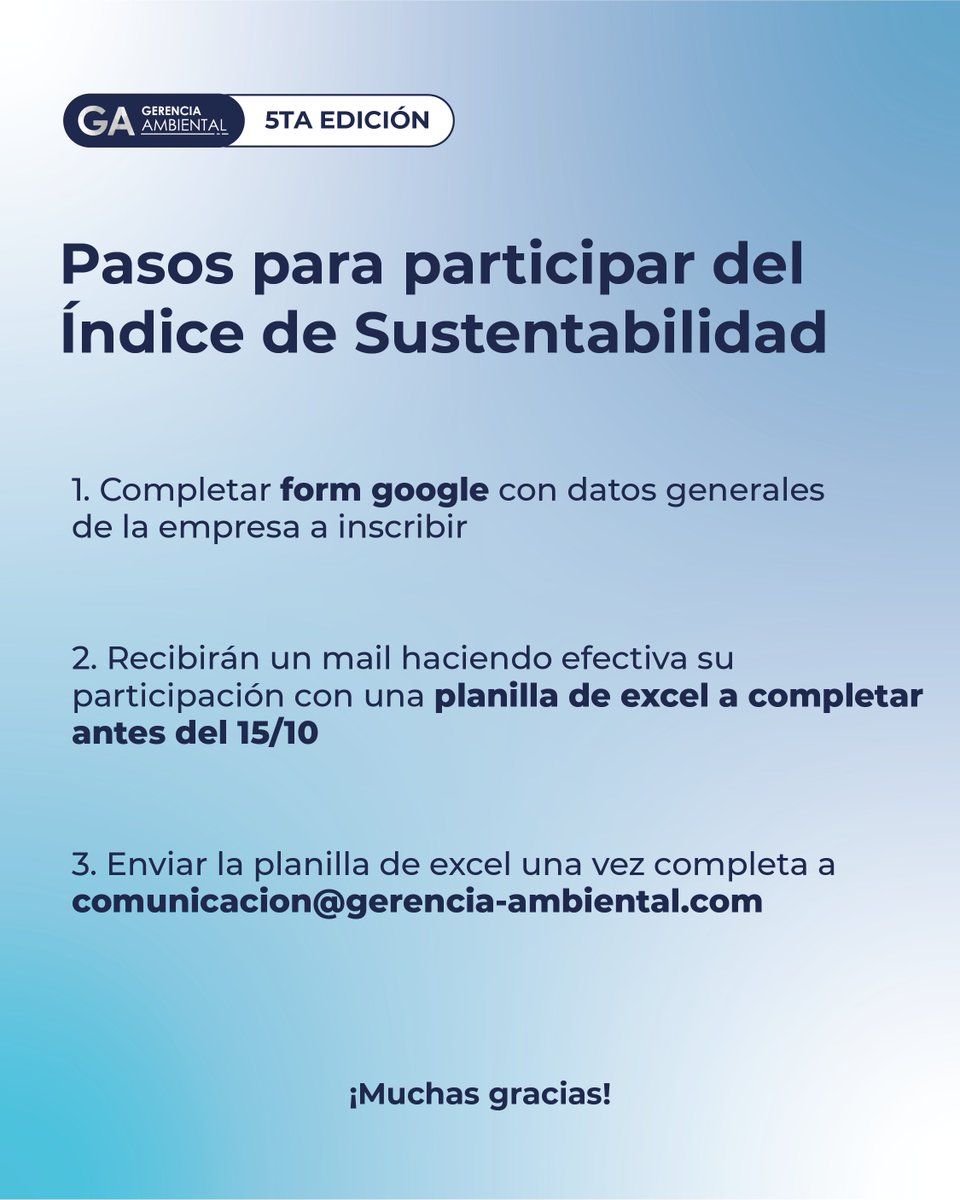 📢📌Pasos a seguir #ÍndiceDeSustentabilidadGA ¡5ta edición!
Comentá este post para recibir más información 😀

Link inscripción sin costo: lnkd.in/dUth8aHi 
Edición 2024: lnkd.in/dXXNKSE6

#sustentabilidadempresaria 
#sustentabilidad #medios
#revistadigital #latam