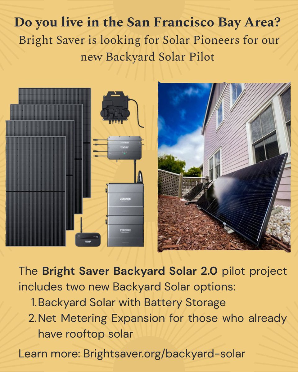 Calling all Solar Pioneers in the SF Bay Area, California: We're excited to announce the Bright Saver Backyard Solar 2.0 pilot. Help us test &amp; learn from two new larger backyard plug-in systems. Learn more: brightsaver.org/backyard-solar☀️Be part of the plug-in solar revolution
