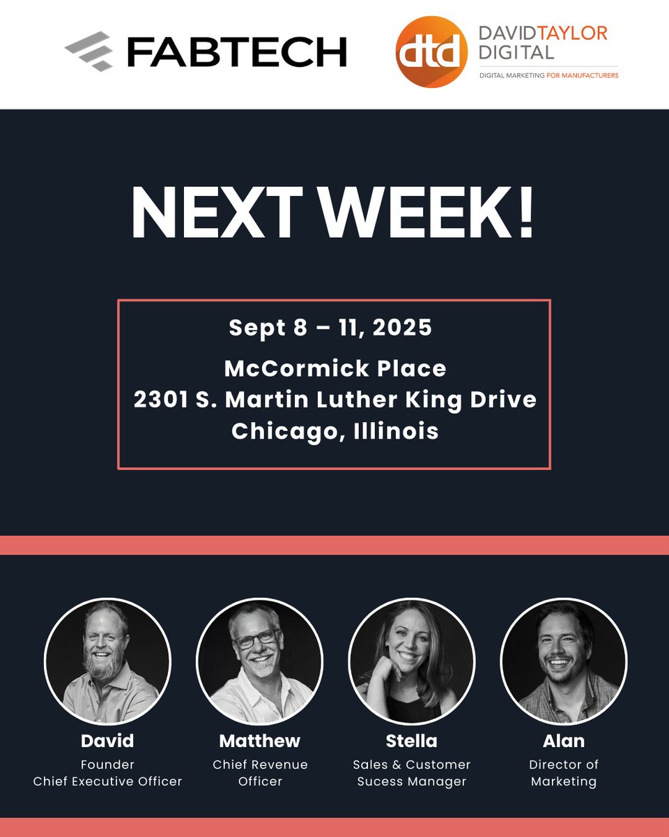 DavidTDesign's tweet image. Chicago, here we come! 

Next week, the DTD team heads to FABTECH 2025 - North America&apos;s largest metal forming, fabricating, welding, and finishing event. If you&apos;re attending, let&apos;s connect! 

See you at McCormick Place! 

#FABTECH2025 #Manufacturing #Networking