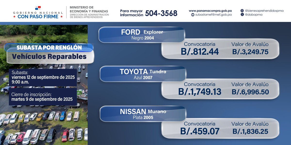 Ya están abiertas las inscripciones para la subasta pública por renglón de 3 vehículos.

✅Cierre de inscripción: 9 de septiembre de 2025, 3:00 p.m.

✅Subasta: 12 de septiembre de 2025, 9:00 a.m.

✅Acto No. 2025-0-16-0-03-SB-020620

Para mayor información: 📞504-3568

#Subastas