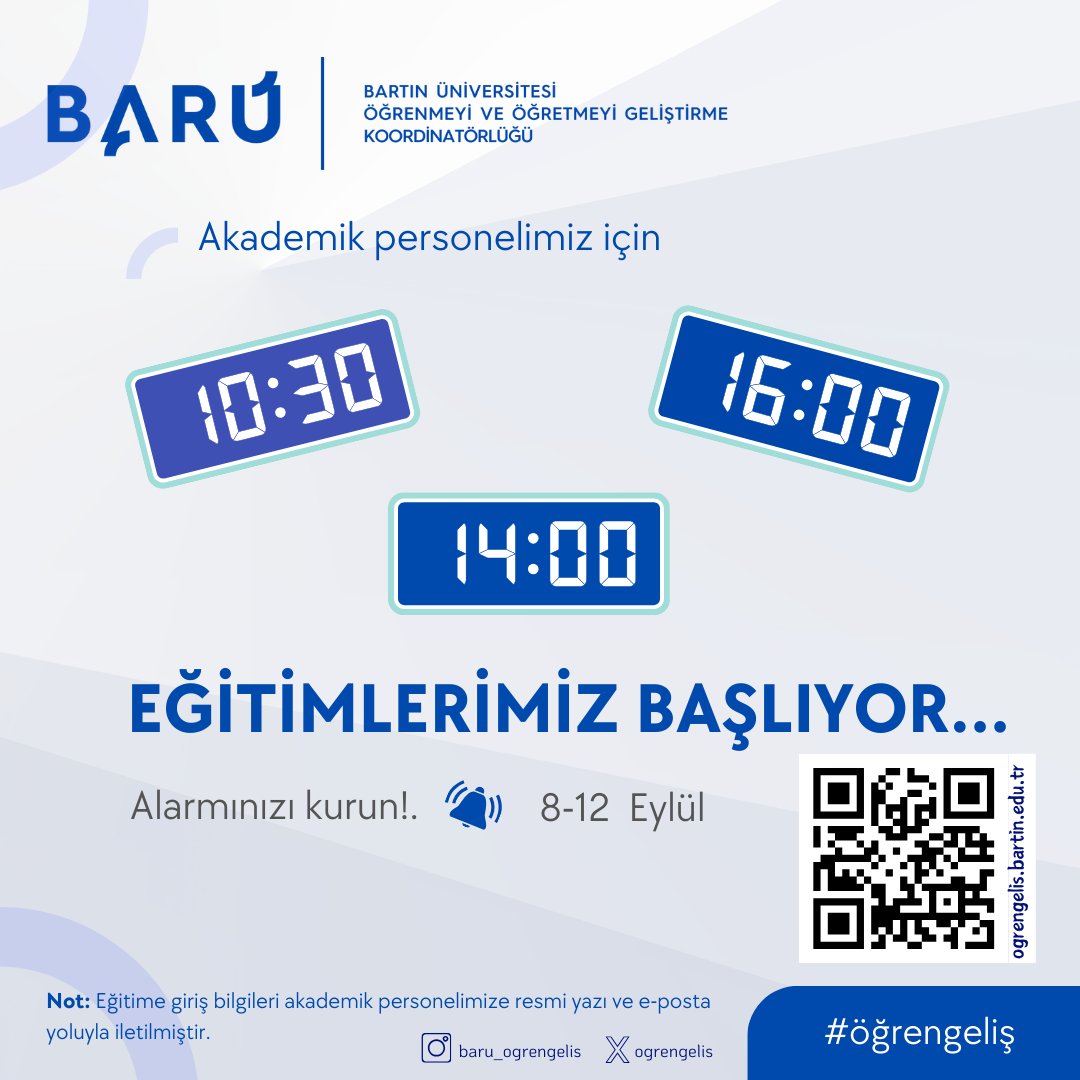Üniversitemizde görev yapan tüm akademisyenlerimiz için 8-12 Eylül 2025 tarihleri (5 gün) arasında “Eğiticilerin Eğitimi Programı (2025-2)" gerçekleştirilecektir. #öğrengeliş #barü #eğiticilerineğitimi

ogrengelis.bartin.edu.tr/duyurular/akad…