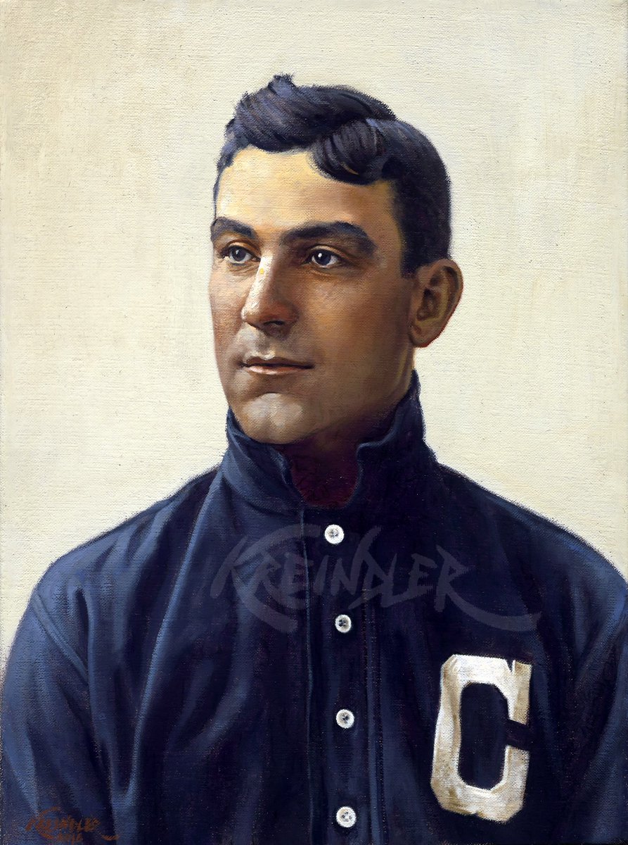 #OTD in 1874, Napoleon Lajoie was born in Woonsocket, RI. Despite his incredible numbers, I still feel he’s one of the more under-appreciated players of his era. Here’s my painting of the man with the Cleveland Bronchos in 1902, based on the studio photography of Carl Horner.