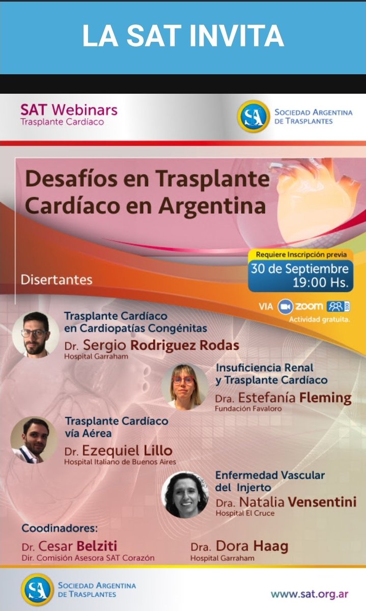 La <a href="/satxarg/">SAT</a> invita al webinar."Desafíos en Trasplante Cardiaco en Argentina" el Martes 30 de septiembre a las 19 hs.
Para inscribirse:
cognitoforms.com/SociedadArgent…

Los esperamos!