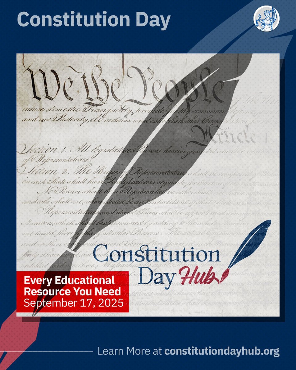 CivicEducation's tweet photo. Constitution Day is Sept 17 🇺🇸!

The nation’s leading civic education orgs have teamed up to launch the ⭐ Constitution Day Hub ⭐a free site for lessons on the #Constitution for all students. Explore 👉🏽 https://t.co/dQMjYh3xvE

#CivicEd #ConstitutionDay
@CivicsRenewal @appcpenn https://t.co/3r4MA5NnIV