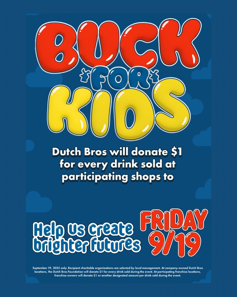 BGCMAATL's tweet image. On Friday, 9/19, @DutchBros will donate $1 from every drink sold to support programs that help kids build brighter futures. 💙☕

Grab a drink, support Metro Atlanta youth. #BuckForKids #BGCMA