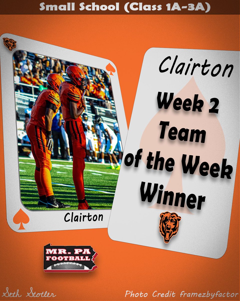 Clairton wins the fan vote for the Mr. PA Football Small School (Class 1A-3A) High School Football Week 2 Team of the Week
<a href="/CCSDathletes/">Clairton Bears</a>