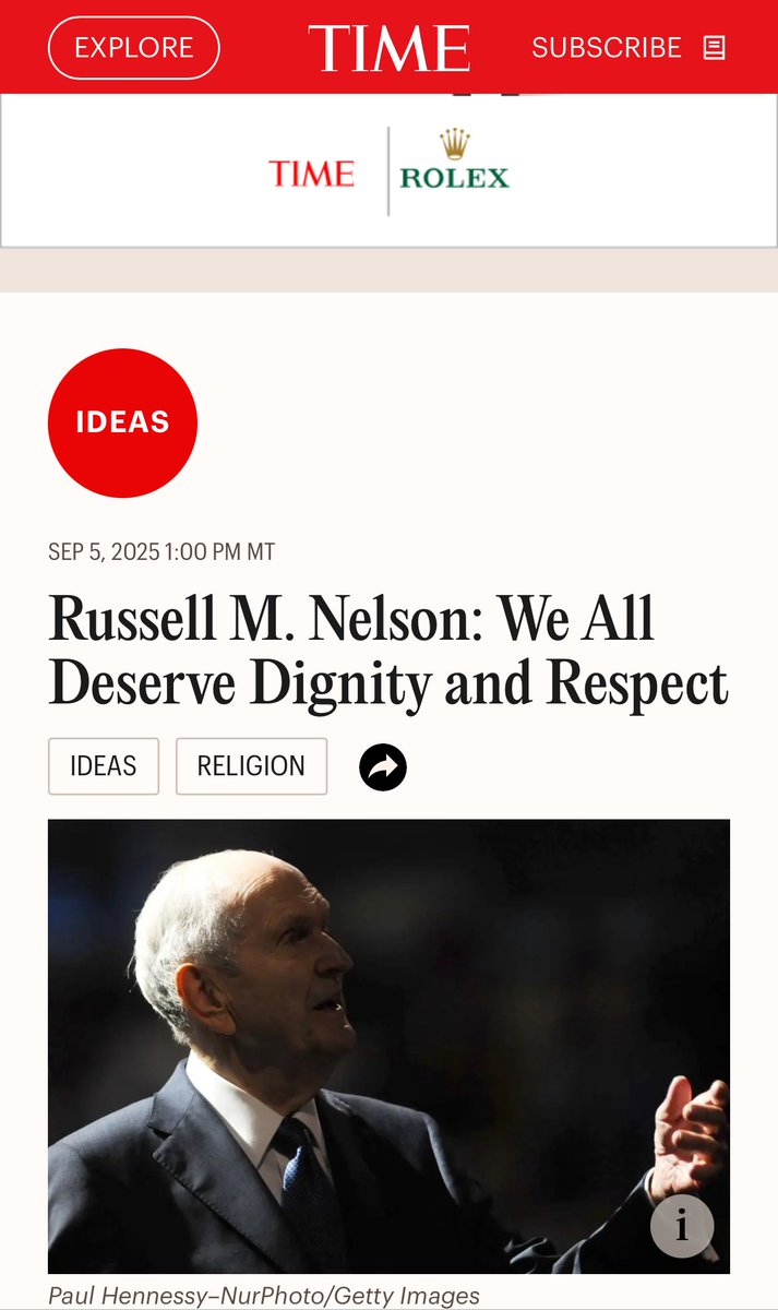 AskMormonGuy's tweet photo. Just days before his 101st birthday, church President Russell M. Nelson authored an op-ed in TIME magazine:

“If we embrace eternal truths … our lives, and our world, will be steadier and more joyful.” https://t.co/KxZS9q3kYN