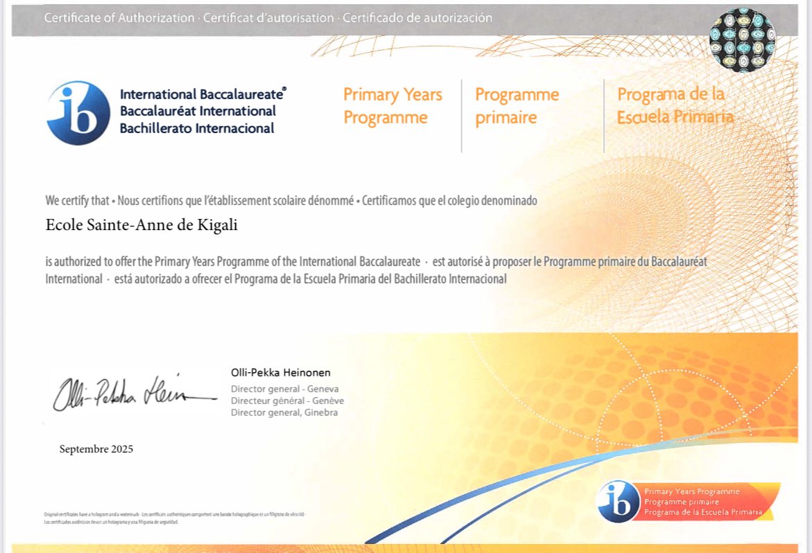 ESAK_Rwanda's tweet image. 🎉 Aujourd’hui, École Sainte-Anne de Kigali reçoit officiellement l’accréditation IB PYP ! 🌍📚 / Today, École Sainte-Anne de Kigali received official IB PYP accreditation! @IBOrganization #PP #PYP #IBWorldSchool