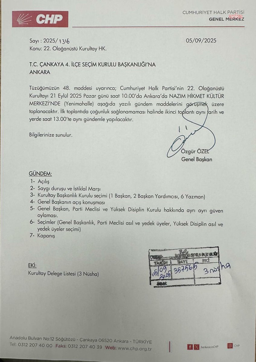 CHP'de 22. Olağanüstü Kurultay kararı alındı

Genel Başkan Özgür Özel imzasıyla Çankaya İlçe Seçim Kurulu'na 1000'e yakın delegenin imzasıyla yapılan başvuruya göre Kurultay 21 Eylül Pazar günü mevcut yönetim hakkında güven oylaması ve Genel Başkan ile PM seçimleri gündemiyle