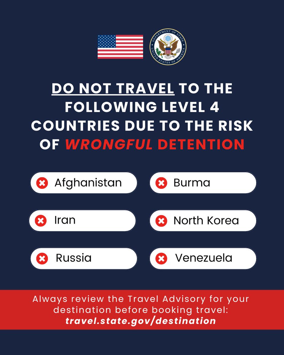 Today’s Executive Order on State Sponsors of Wrongful Detention underscores the importance of reviewing our travel advisories at travel.state.gov/destination to learn where Americans face an increased risk of wrongful detention and hostage taking. The following countries have the