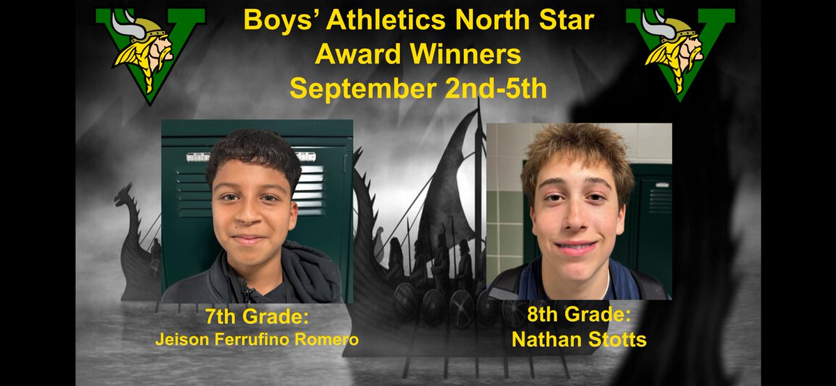 NorthBoys_ATHLX's tweet photo. A very special thanks to Ms. Nolen
&amp; Ms. Pope for recognizing our 7th grade off-season athlete Jeison Romero &amp; 8th Grade Safety/Running Back, Nathan Stotts for the North Star Character Award. 
#ValhallaonNorthFloyd 
#tpp 
#VikingsLead
#risddreamBIG
#everydaymatterseverydaycounts https://t.co/t0ARk27bWV